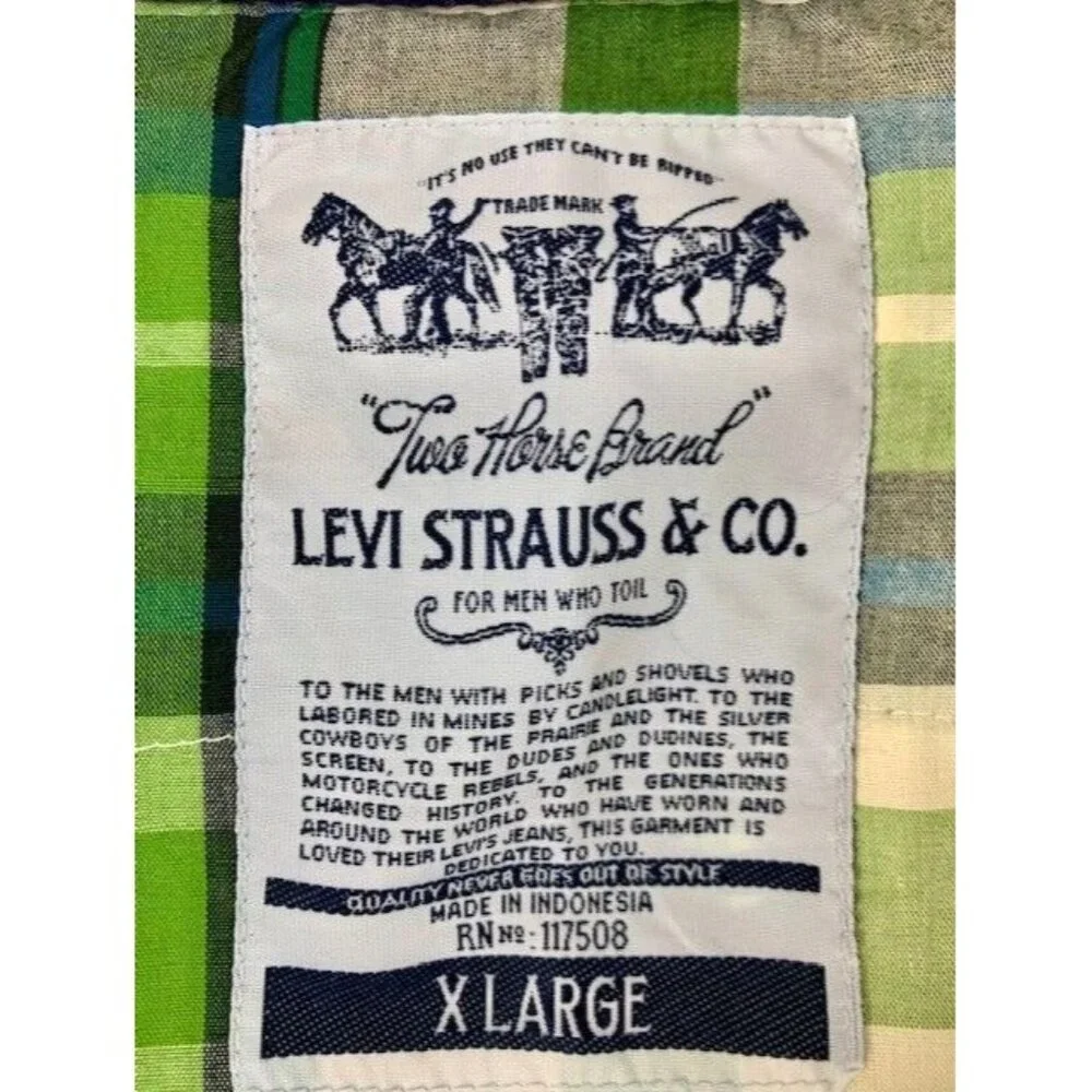 Levis Men's X-Large Plaid Button-Up Western Shirt Green‎ & Blue with Pearl Snaps